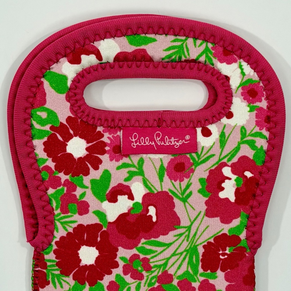 Lilly Pulitzer Wine Tote Bag Set 2 Garden By Sea Pink Green Floral Insulated